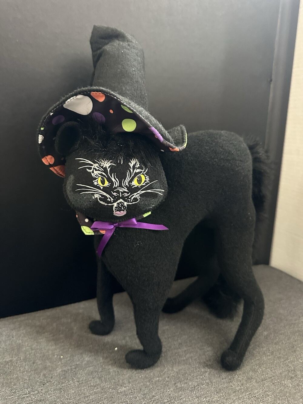 Halloween Black Cat Witch Figure 12” Bendable Tail Poseable Hat Purple Bow